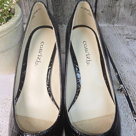 CABRIZI HOLLY CROC EMBOSSED GLOSSY BLACK HEELS PUMPS WOMENS 7.5 EUC - Picture 11 of 13
